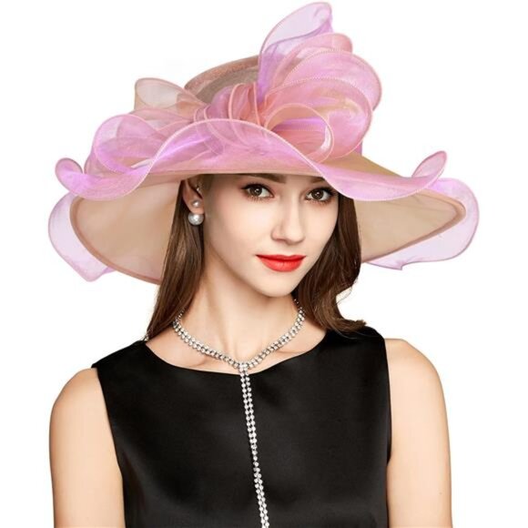 Derby Hats for Women, Classy Organza Sun Hat, Brown Pink